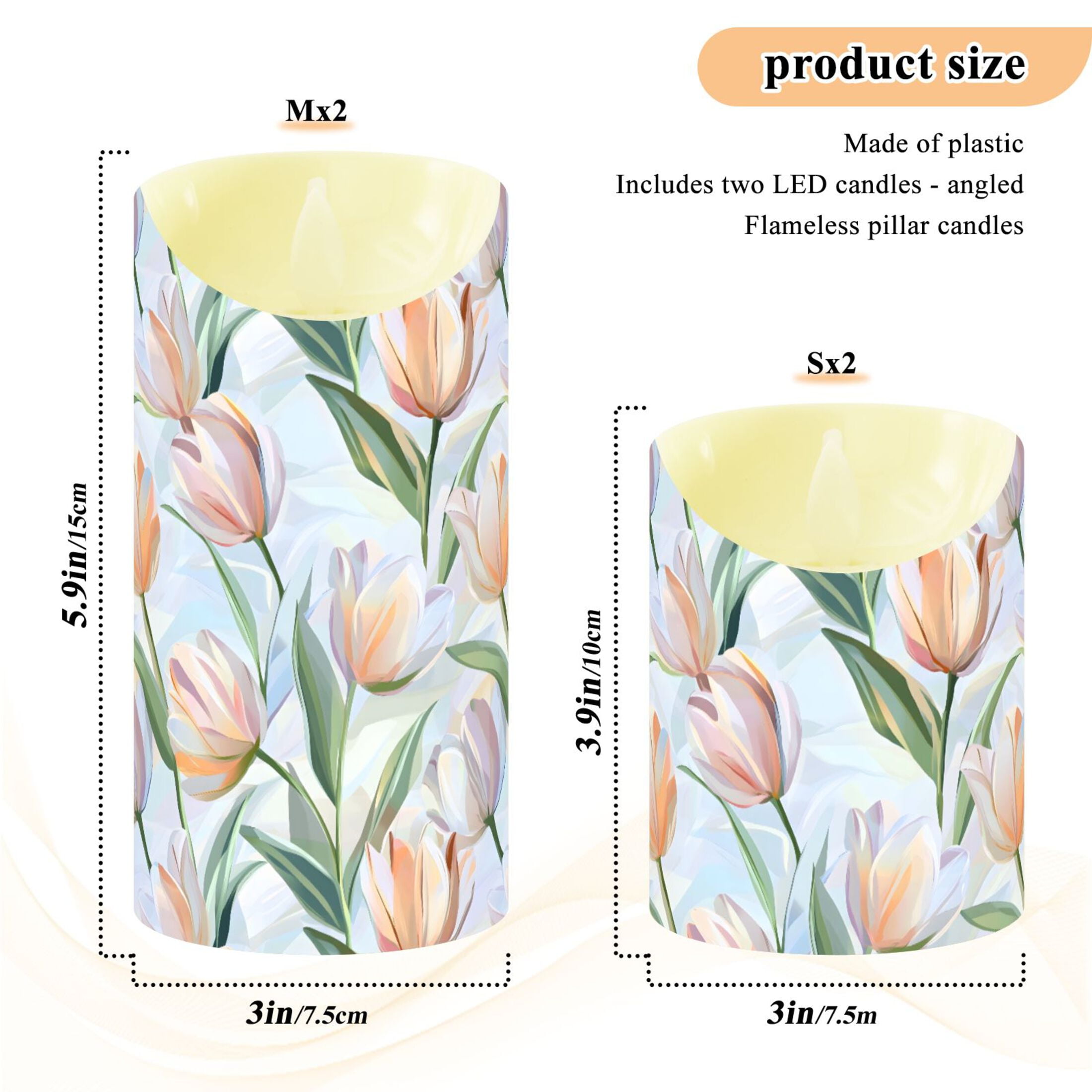 Soft Tulip Pattern Flameless Candles 2 PCS with Remote Realistic Moving Flame LED Tapered Pillar Set for Home Decor