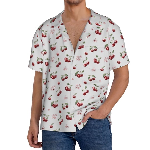 Balery Cherry Berries Camisa Casual de Manga Corta con Botones para Hombre, Texturizada, Estilo Cubano, para Playa, Verano-Large