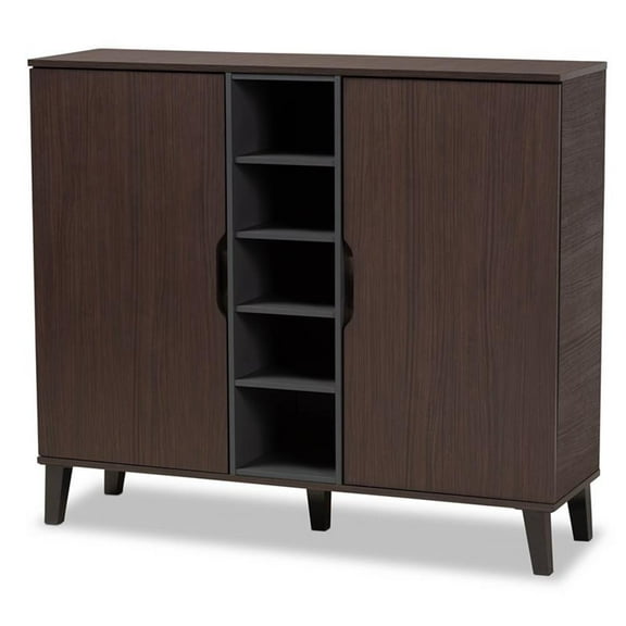Bowery Hill Mid Century 2 Doors 25 Pairs Shoe Cabinet in Two-Tone Dark Brown and Grey Finish