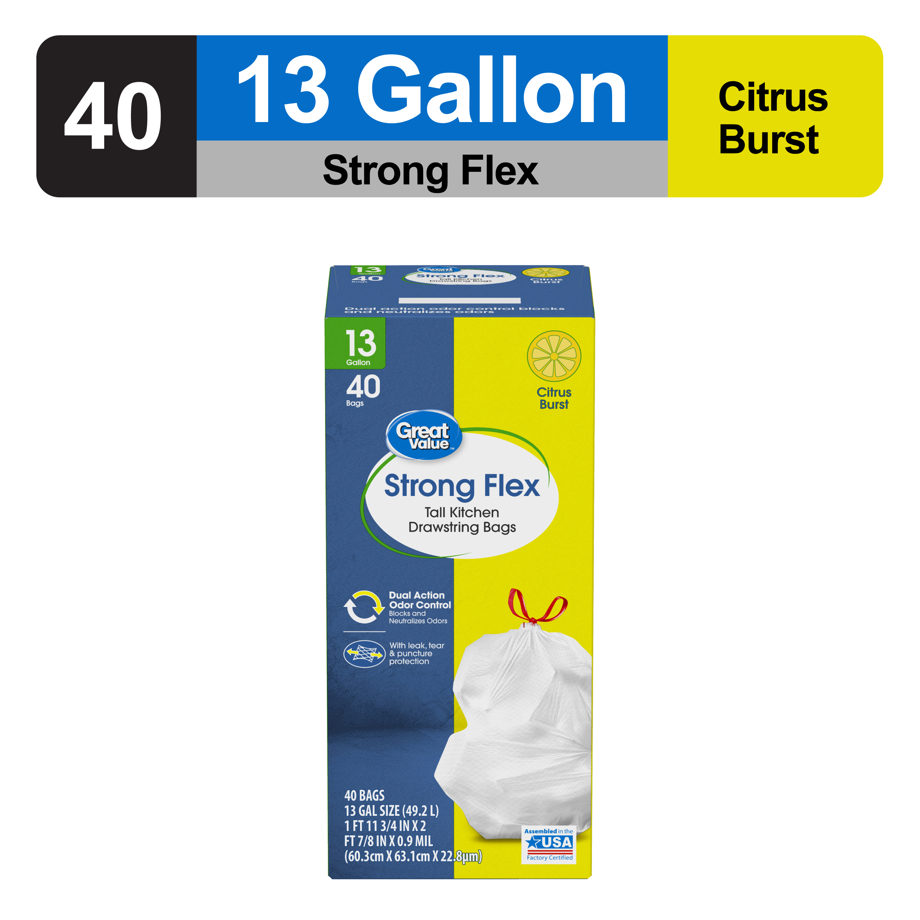 Great Value Strong Flex 13 Gallon Trash Bags, Citrus Burst, 40 Count photo 2