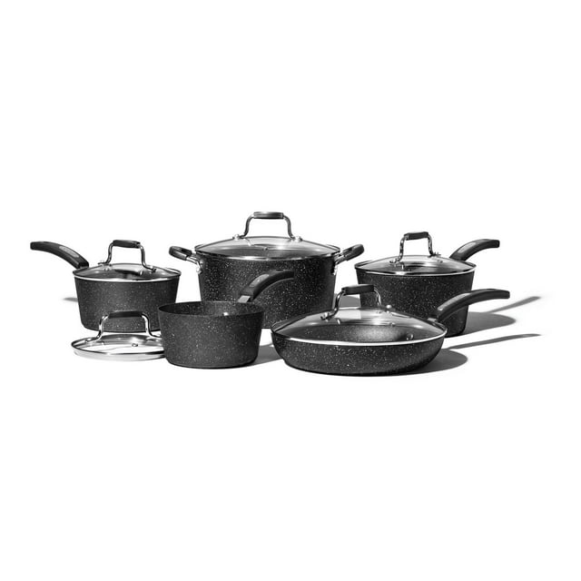 Starfrit The Rock Classic10pc Non-Stick Cookware Set, Durable Forged Aluminum, Oven Safe, PFOA Free, Easy to Clean, Black