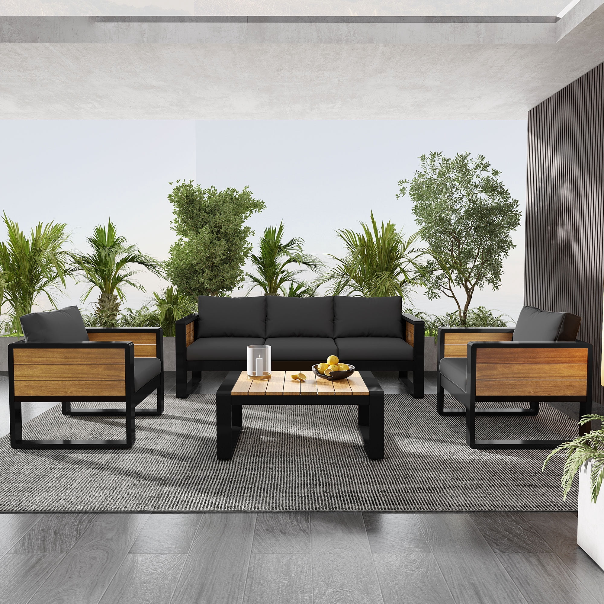 Mintazer 4 Piece Aluminum Outdoor Conversation Set with Tables & Sofa and 2 Armchairs, Modern Patio Furniture Set with Cushions for Patio Garden Balcony Backyard, Grey & Natural