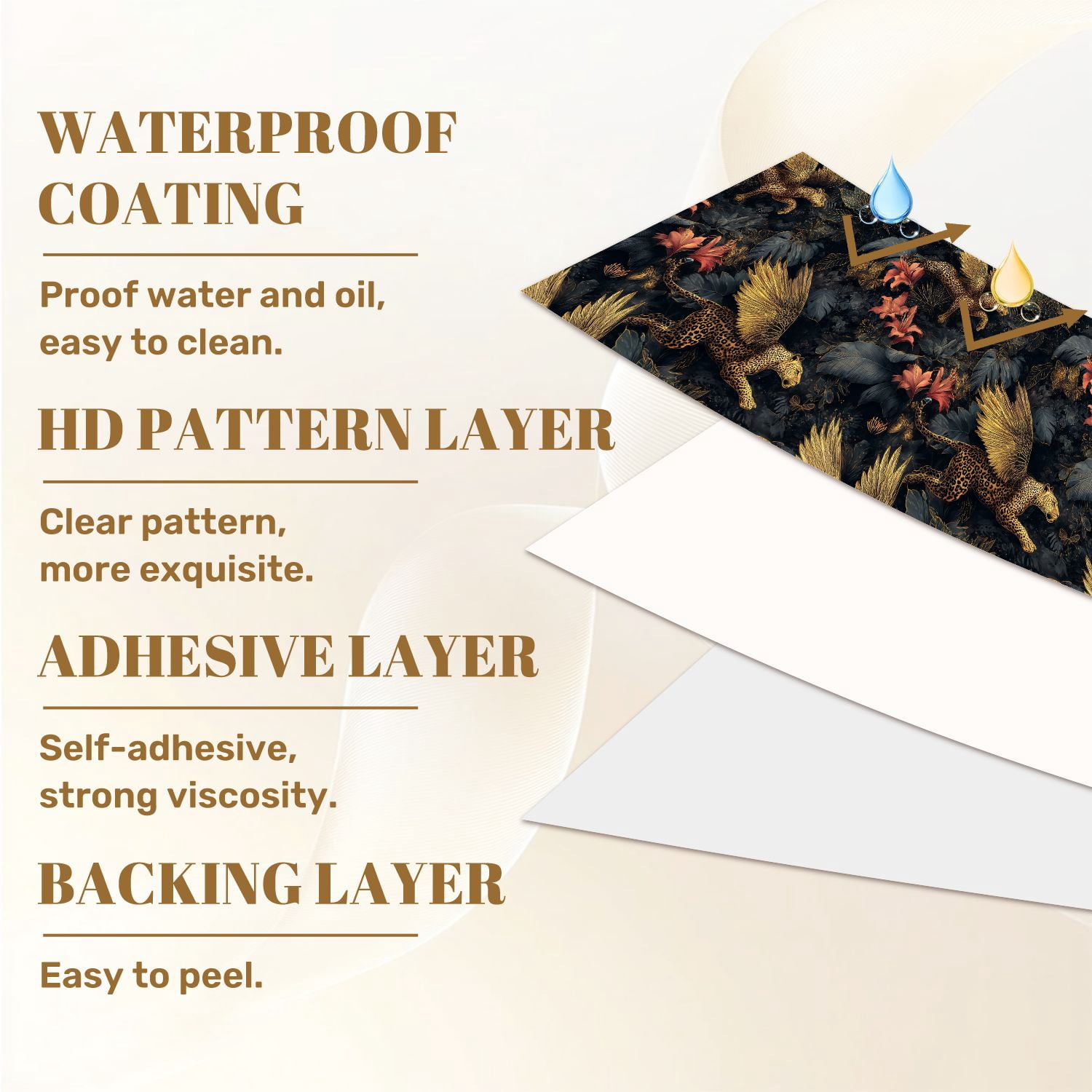 Peel and Stick Wallpaper Golden Winged Leopards Jungle Floral Tropical Leaves Wall Mural 17.7in x 9.8ft Self Adhesive Removable Wall Paper Renter Friendly Wallpaper for Nursery Bedroom Cabinets