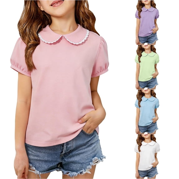 JAJAHO Girls Polo Shirts Back To School Clothes Sizes 3M-6Y Toddler Kids Puff Short Sleeve Peter Pan Collar Solid Color School Uniform Shirts
