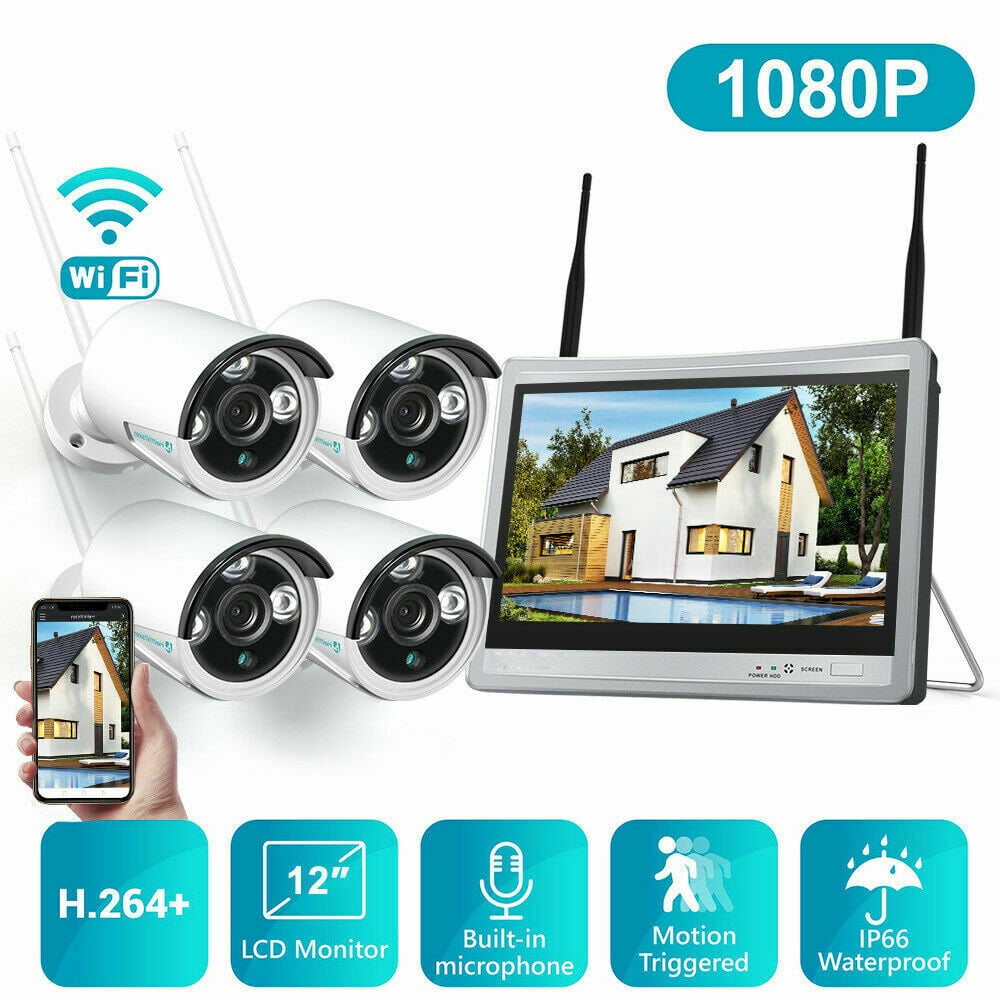 Wireless Camera System with Monitor,Firstrend 1080P Security Camera System Wireless 8CH with 4PCS 1080P WiFi Indoor Outdoor IP Cameras Night Vision Motion Detection 12 Inch Monitor with 1TB Hard Drive 