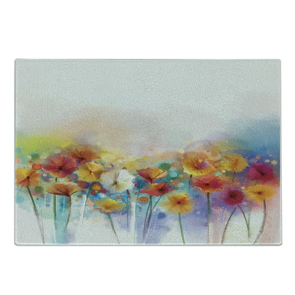 Flower Cutting Board, Gerbera Bouquet Textured in an Artisan Expression Inflorescence Morph New Paint, Decorative Tempered Glass Cutting and Serving Board, Small Size, Red Orange, by Ambesonne