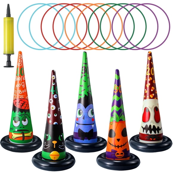 Sombrero inflable de bruja Capoda para Halloween, juego de lanzar 5 sombreros y 10 anillos