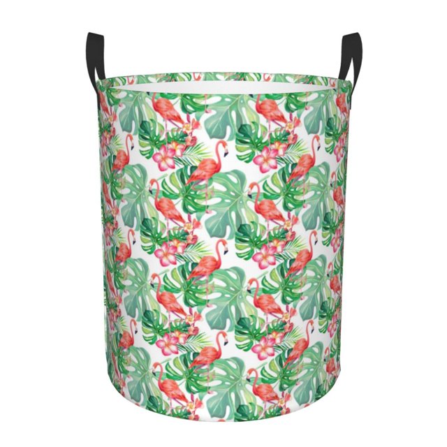 Fotbe Flamingo And Monstera Cesto de Ropa con Asas, Cesto Impermeable de Gran Capacidad, Bolsa de Lavado para Dormitorio, Cesto de Ropa con Ruedas y Asas-Small