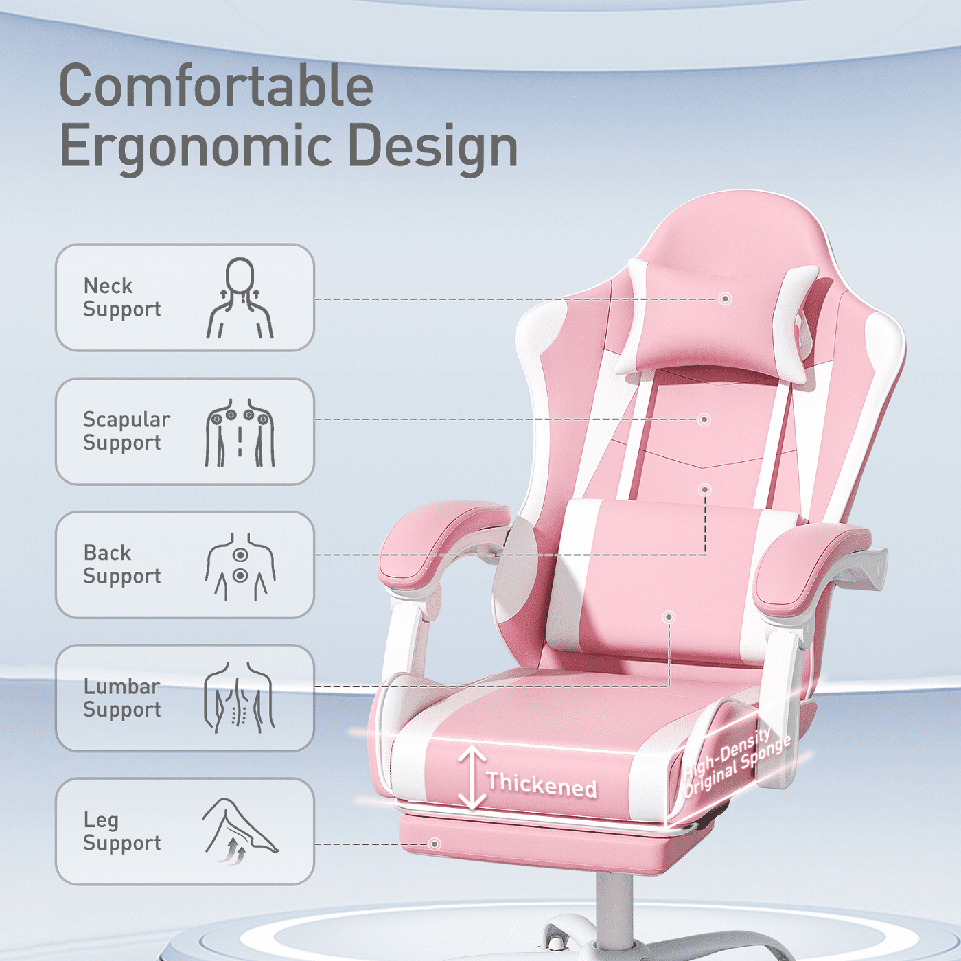 MoNiBloom Ergonomic Gaming Chair with Footrest, Adjustable Headrest and Lumbar Support for Office and Gaming, High-Back Racing Style Computer Desk Chair, Pink (Wide Seat)