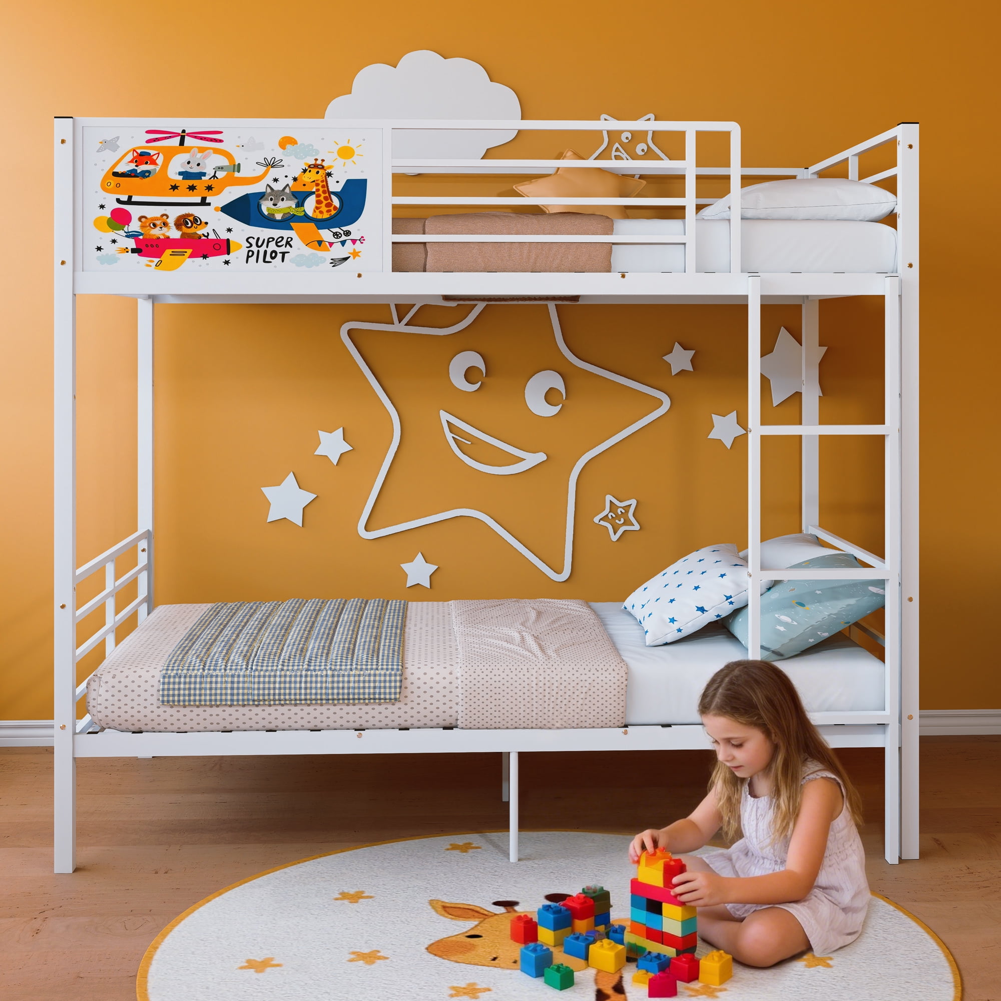 Convertible Metal Bunk Bed Separates into 2 Twin Size Beds, Heavy Duty Frame with Full-Length Guardrail and Ladder, No Box Spring Needed, White