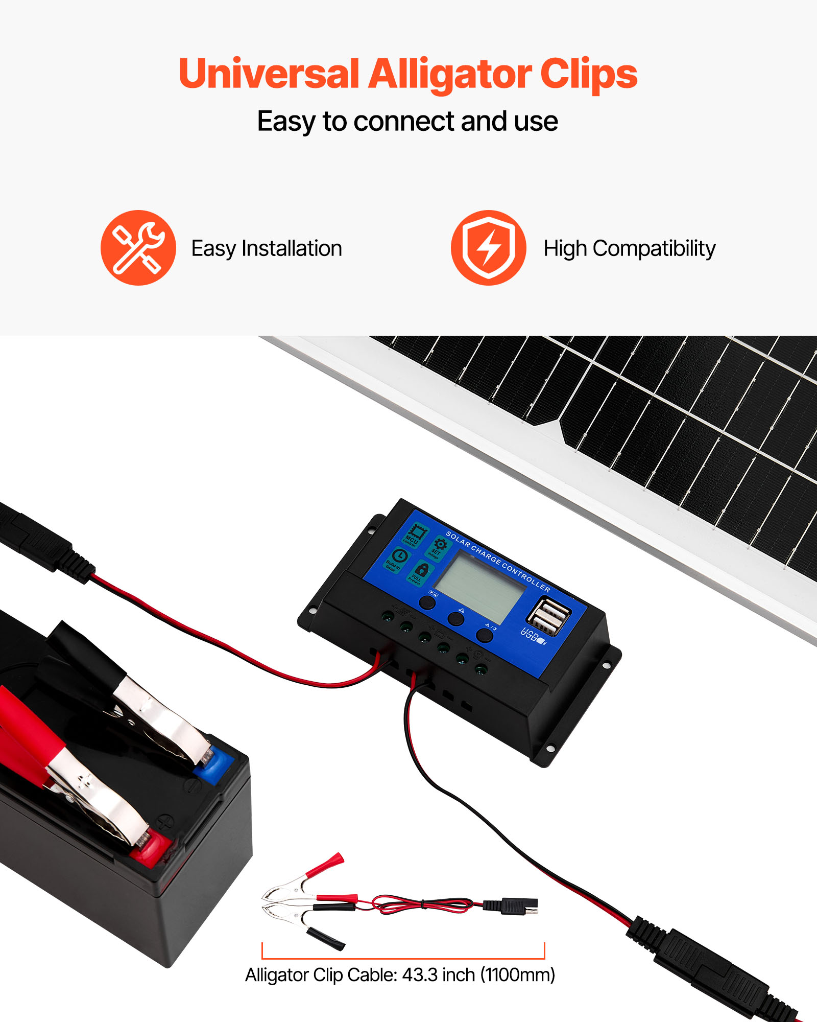 VEVOR 50W 12V Solar Battery Trickle Charger Maintainer, Mono Solar Panel Battery Charger with Upgraded MPPT Controller & Adjustable Mount Bracket, IP65 Waterproof for Car Boat RV Trailer House Roof