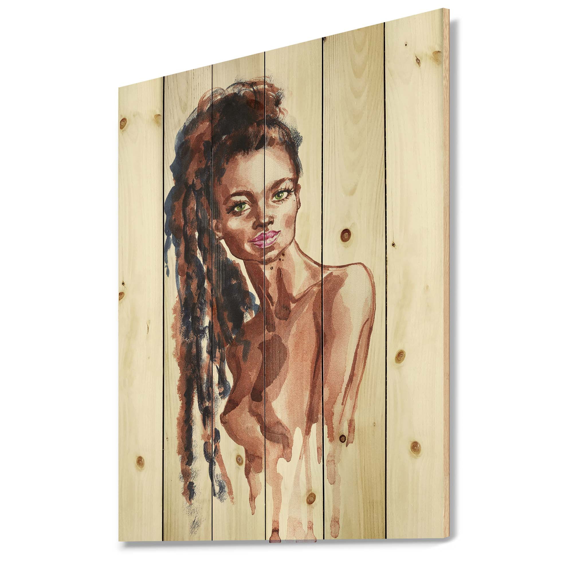 Designart 'Portrait of Afro American Woman VIII' Modern Print on Natural Pine Wood
