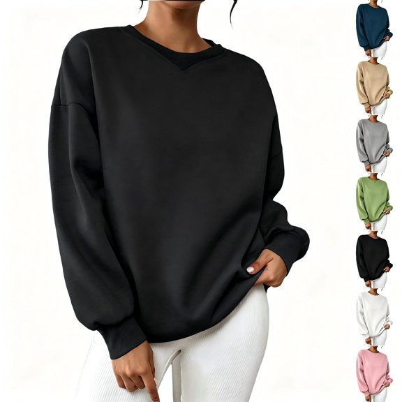 Tqcoqu Women's Drop Shoulder Crew Neck Sweatshirt,Loose Oversized Long Sleeve Casual Pullover Tops,2026 Spring Fall Trendy Clothes,Black Women's S-XXL
