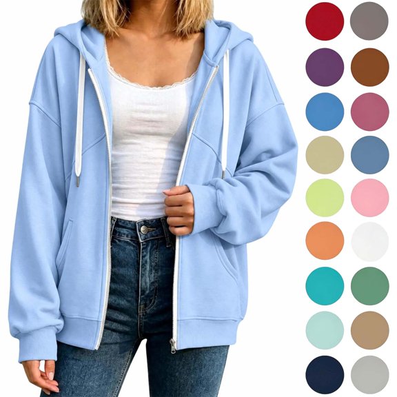 Women's Full Zip Hoodie, Oversized Long Sleeve Hooded Sweatshirt with Pockets, Casual Lightweight Zip Up Jacket