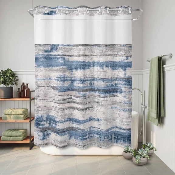 No Hook Shower Curtain with Built-In Rings, Vintage Blue Grey Washable Waterproof Fabric Curtain with Mesh Top Window for Bathtub and Bathroom,Modern Retro Abstract Art 48"x72"