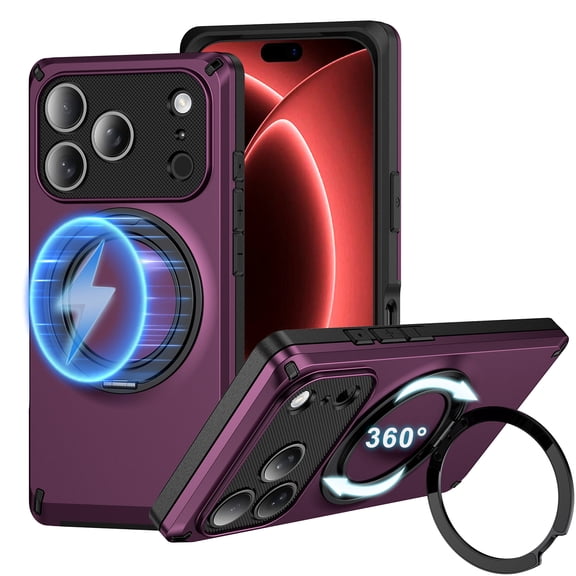 Dteck for iPhone 18 Pro Max Case, Rotation Magnetic Stand, Compatible with MagSafe, Heavy Duty Shockproof Rugged Phone Cover,Cherry Red