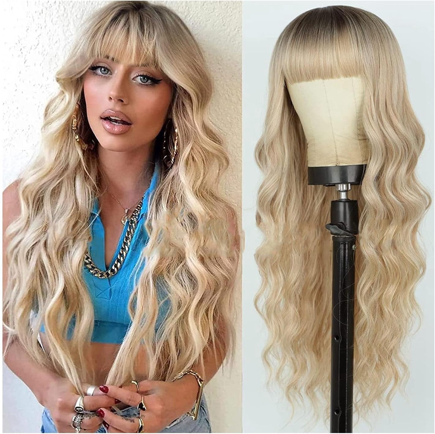 Aorsher Wigs with Bangs Ombre Wig with Dark Root for Women 26 Inches Long Wavy Curly Synthetic Heat Resistant Fiber Dark Brown Mix Blonde Wigs for Daily Party Use