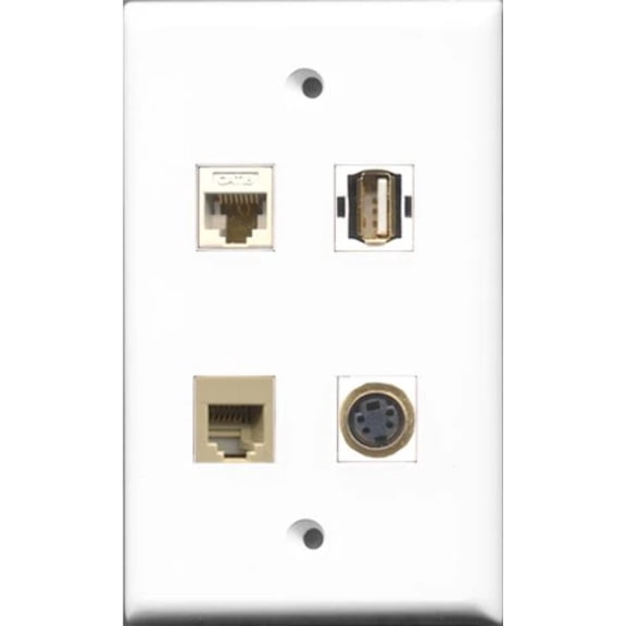 RiteAV 1 Port USB A-A and 1 Port Phone RJ11 RJ12 Beige and 1 Port S-Video and 1 Port Cat6 Ethernet White Wall Plate