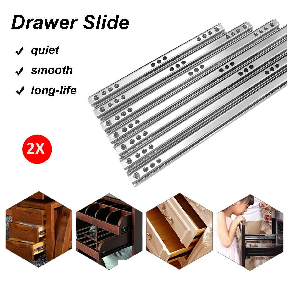 16inches/406mm,Silver 1 Pair Drawer Ball Bearing Drawer Slides Rail Telescopic Steel Heavy Duty Fully Extension Soft Close Drawer Runners