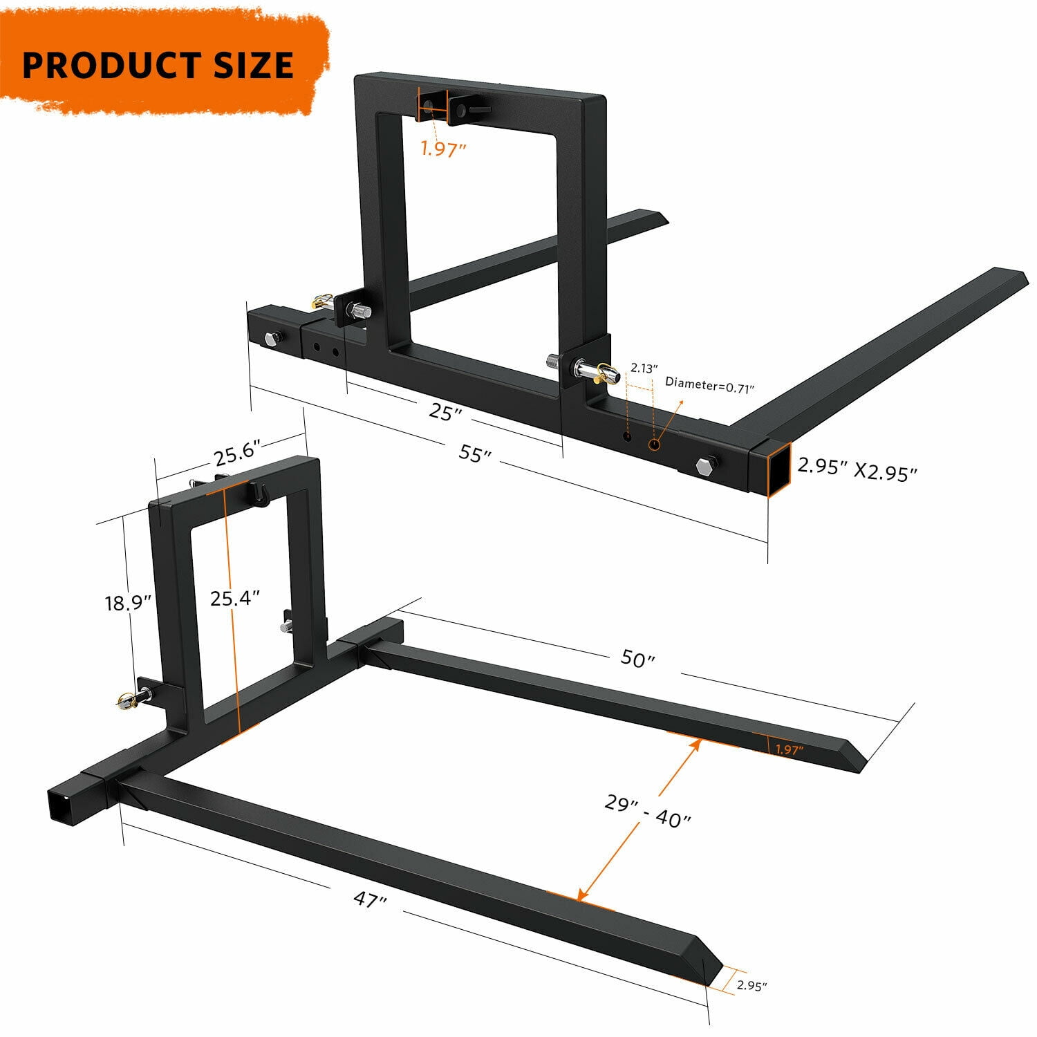 YITAMOTOR 3 Point Hitch Pallet Fork 1500 lbs Capacity Adjustable Pallet Fork Attachments for Category 1 Tractor