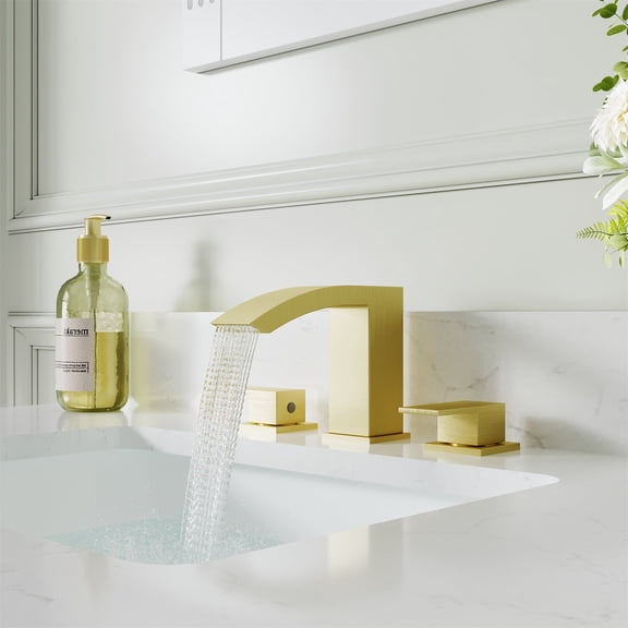 ANGELES HOME Bathroom Faucet 3 Hole Widespread 2-Handle Bathroom Sink Faucet with Overflow Pop Up Drain and Waterlines Brushed Gold