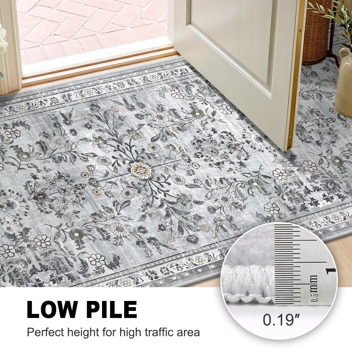 MJIAexp 2'x8' Boho Runner Rug,Non Slip Washable Floral Hallway Runner Rug with Rubber Backing, Low Pile Faux Wool Distressed Carpet for Kitchen, Laundry, Bedroom, Entrance,Grey