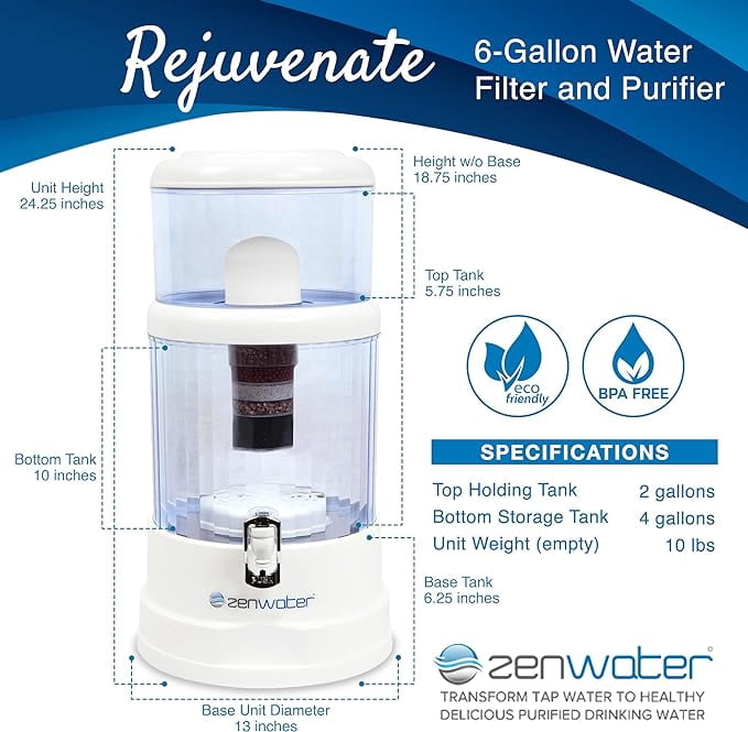 ZENWATER 8 Stage Gravity Water Filteration System - Portable Countertop Water Filter System - Alkaline Water Filter System - 6 Gallon