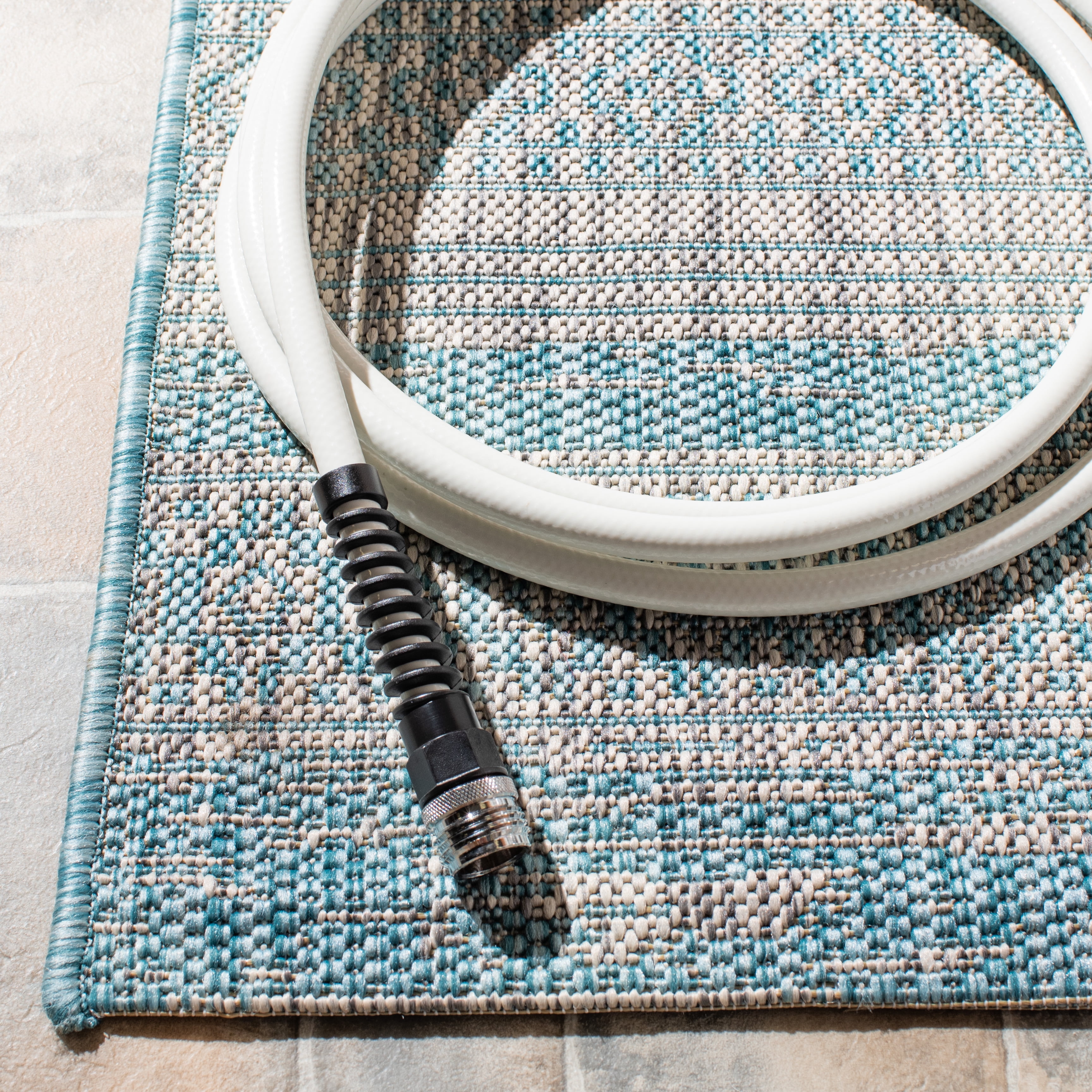 SAFAVIEH Courtyard Galen Distressed Striped Indoor/Outdoor Area Rug, 6'7" x 9'6", Aqua/Grey