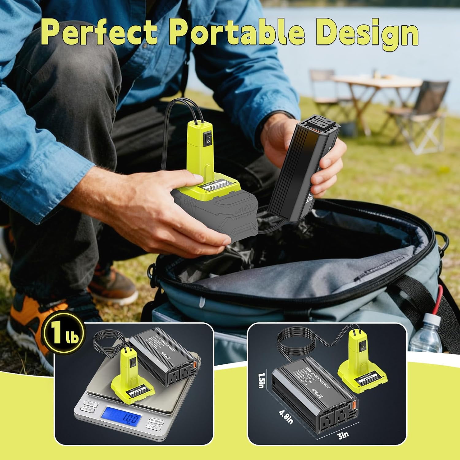 300W Power Inverter Compatible with Ryobi 18V Battery, DC 18V to AC 110V Portable Power Station Generator with 2 AC Outlets & 1 Type-C PD 65W & 1 USB A 18W Max for Emergency Power