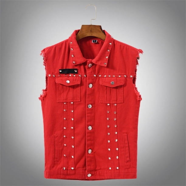 Chaleco vaquero de moda para hombre, de primavera/verano/otoño, estilo coreano, ajustado, rojo, con remaches, moderno y elegante