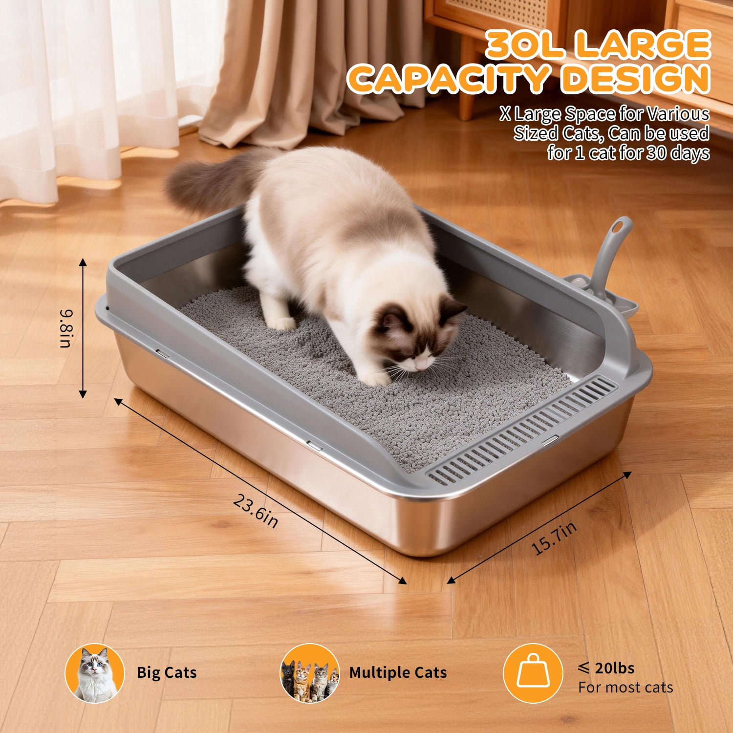 Yucurem Stainless Steel Cat Litter Box, High Sided Cat Litter Box for Small/Big/Multi Cats, with Scoop and Case, Paw Mat, 2 Rolls of 30 Bags