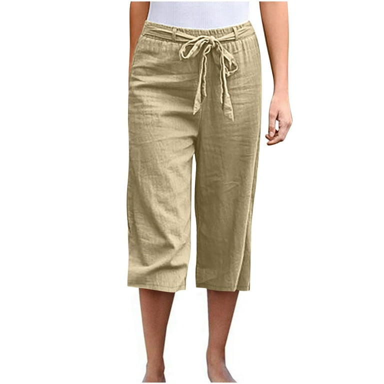 Cropped Linen Pants for Women Summer 2024 Comfy Lounge Capri Tie Elastic  Waist Beach Wide Leg Pant Below Knee (Large, Khaki) 