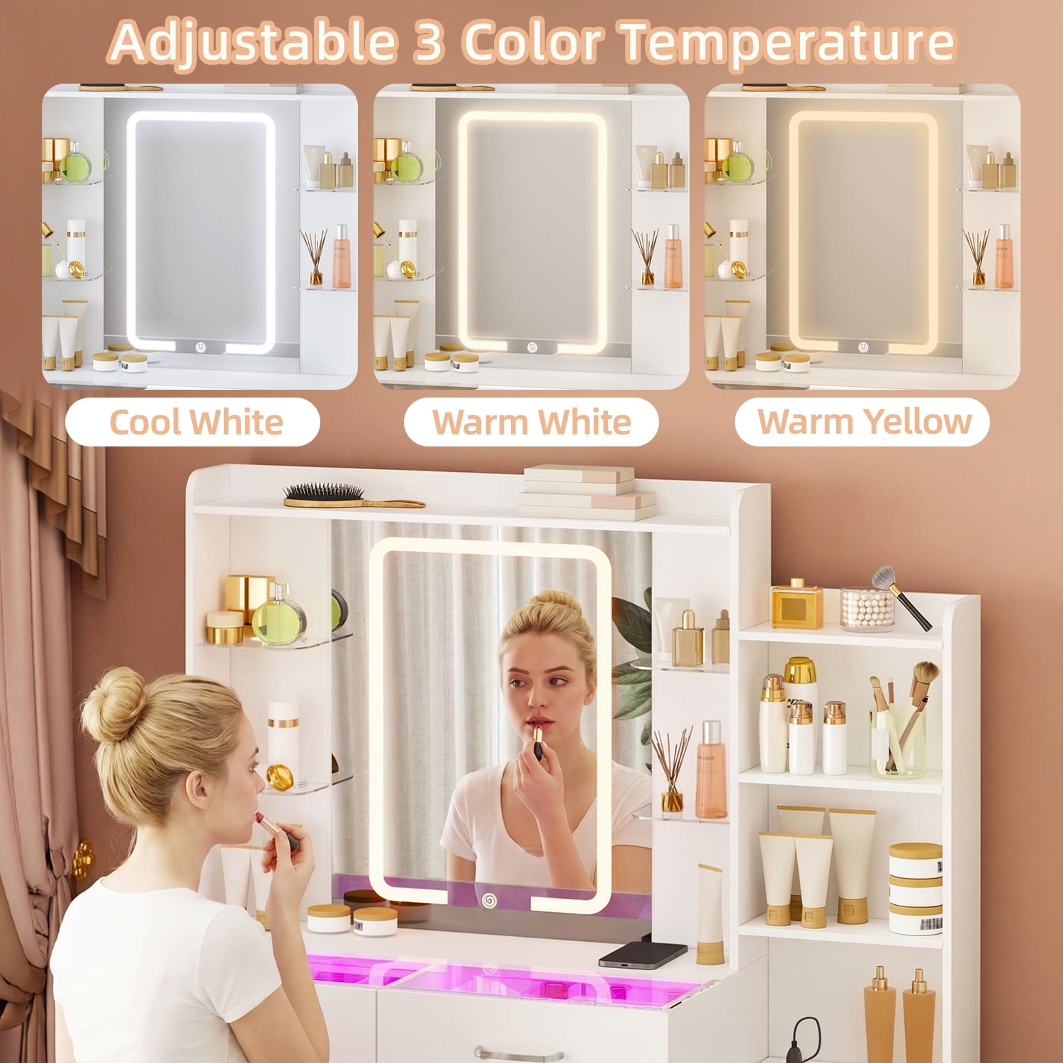 Tomnk 43" Vanity Desk with Stool, LED Mirror, Glass Top and RGB Drawers, White