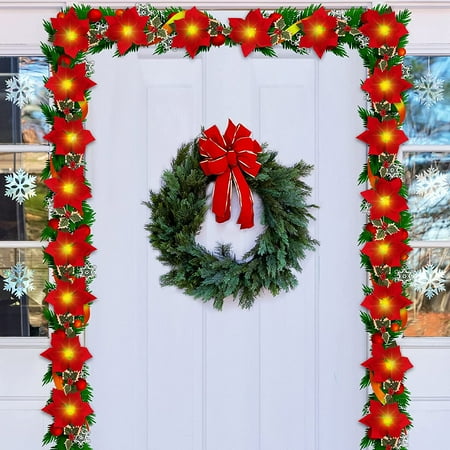 

2PCS Lighted Poinsettia Christmas Garland with Artificial Red Berry Holly Leaf Christmas Pre-Lit Velvet Artificial Poinsettia Garland 10 LED String Lights for Christmas Decoration