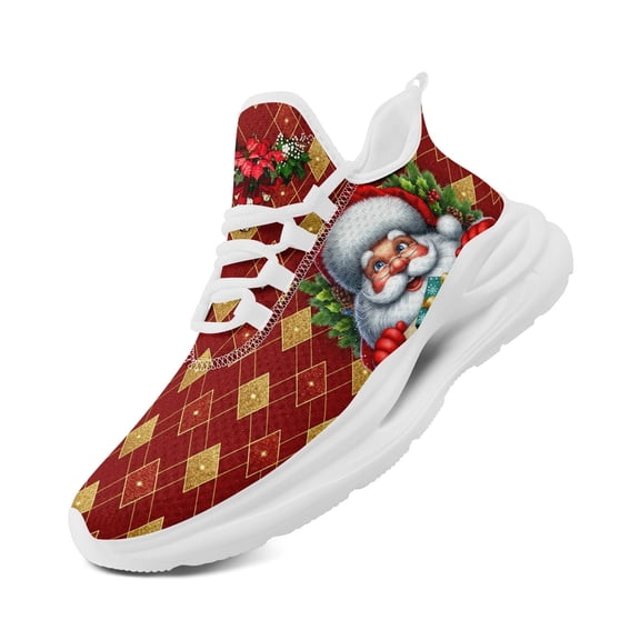 Coolcustomize Men's Christmas Sneakers - Santa Claus & Snowflake Design Low-Top Lace-Up Shoes with Red & Golden Plaid Pattern, Breathable EVA Cushioned Sole, Lightweight Durable Footwear, Casual Wear