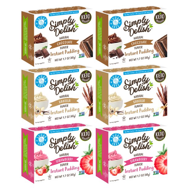 Simply Delish Pudding Pack, Chocolate, Vanilla, Strawberry, 1.7 oz (6