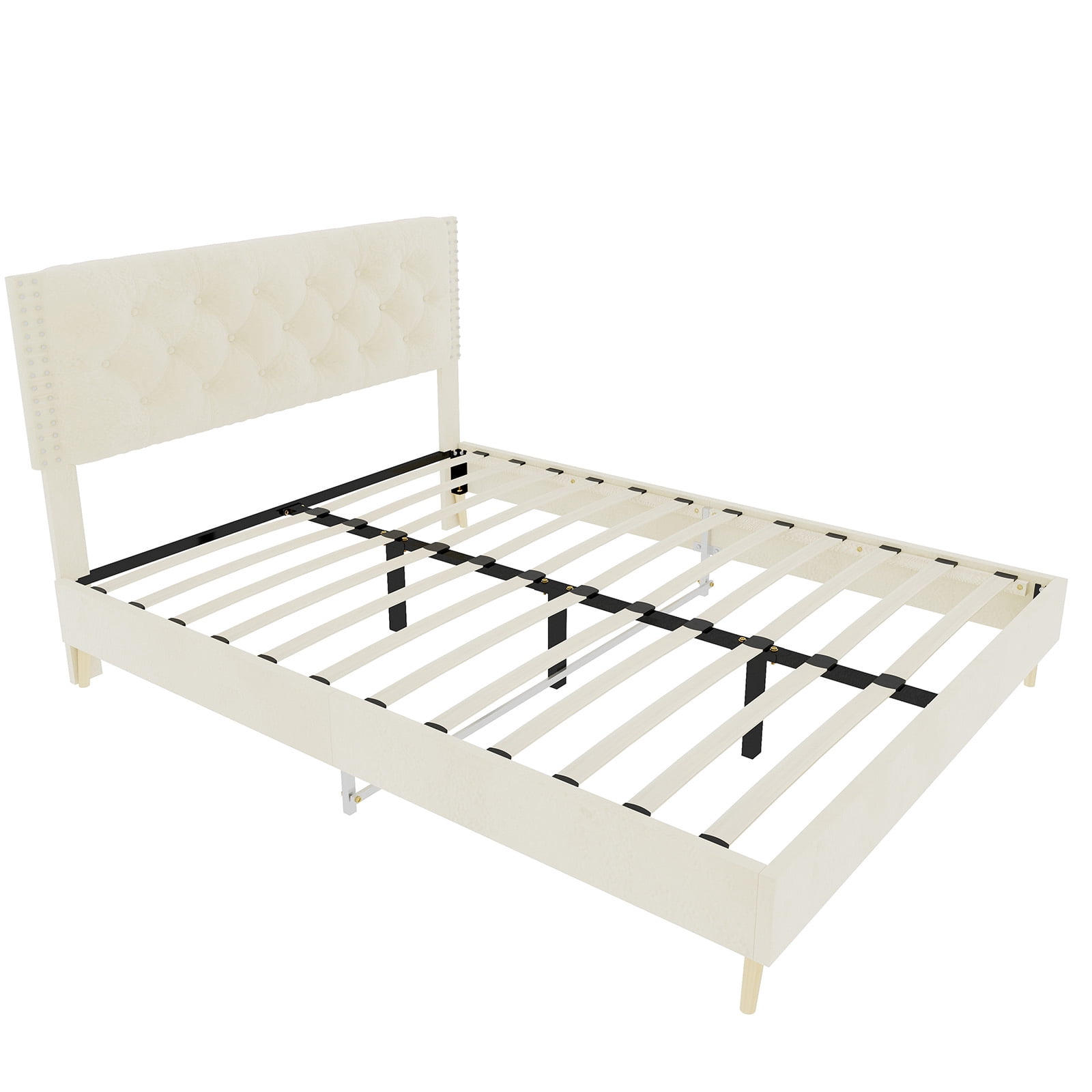 Alvantor Queen Size Upholstered Bed Frame with Padded Headboard, Holland Velvet Tufted Beige