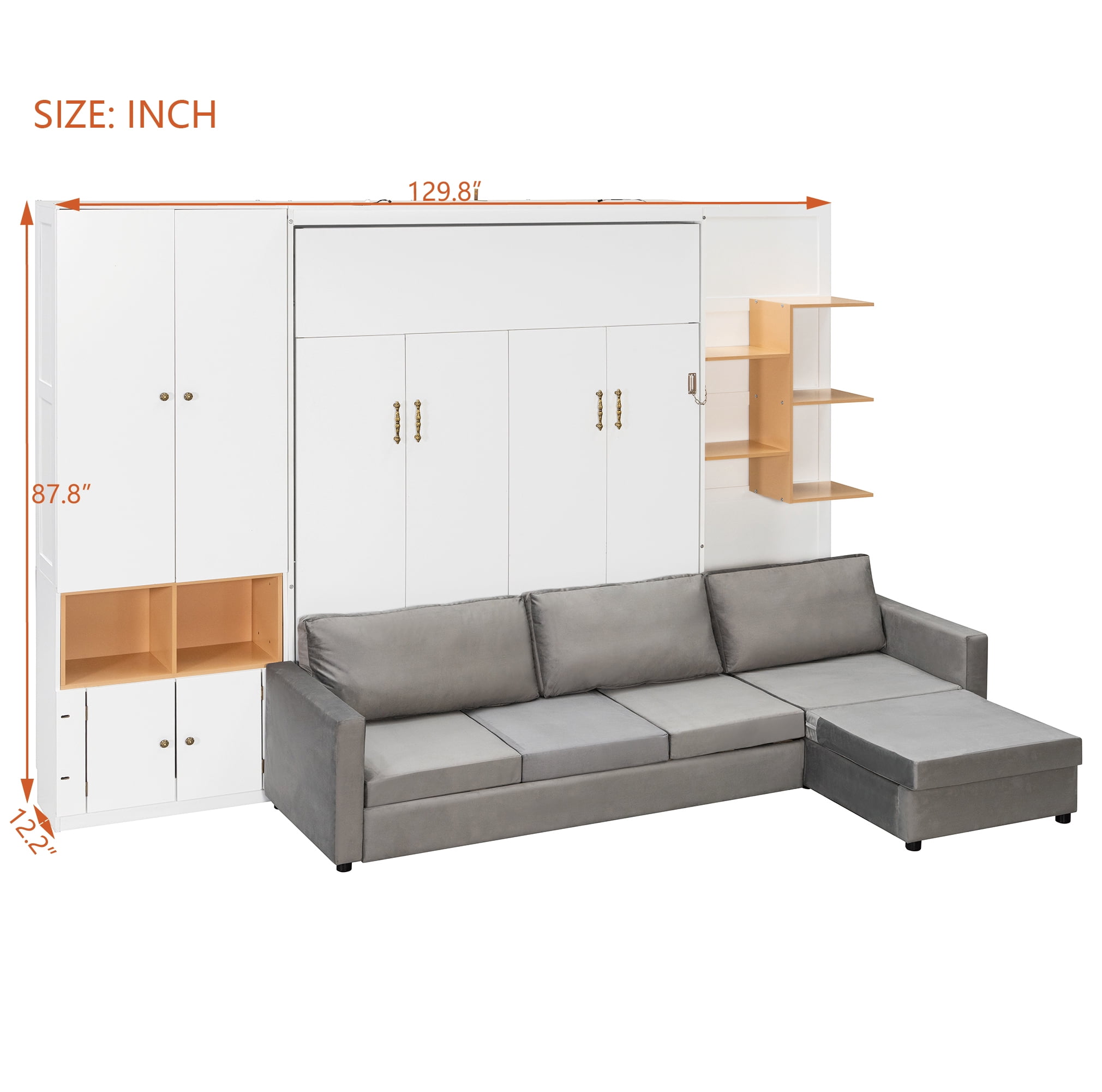 Mintazer Queen Size Murphy Bed with L-Shaped Sofa & Storage, Modern Folding Wall Bed with Lights & Cabinets for Home Office, White & Gray