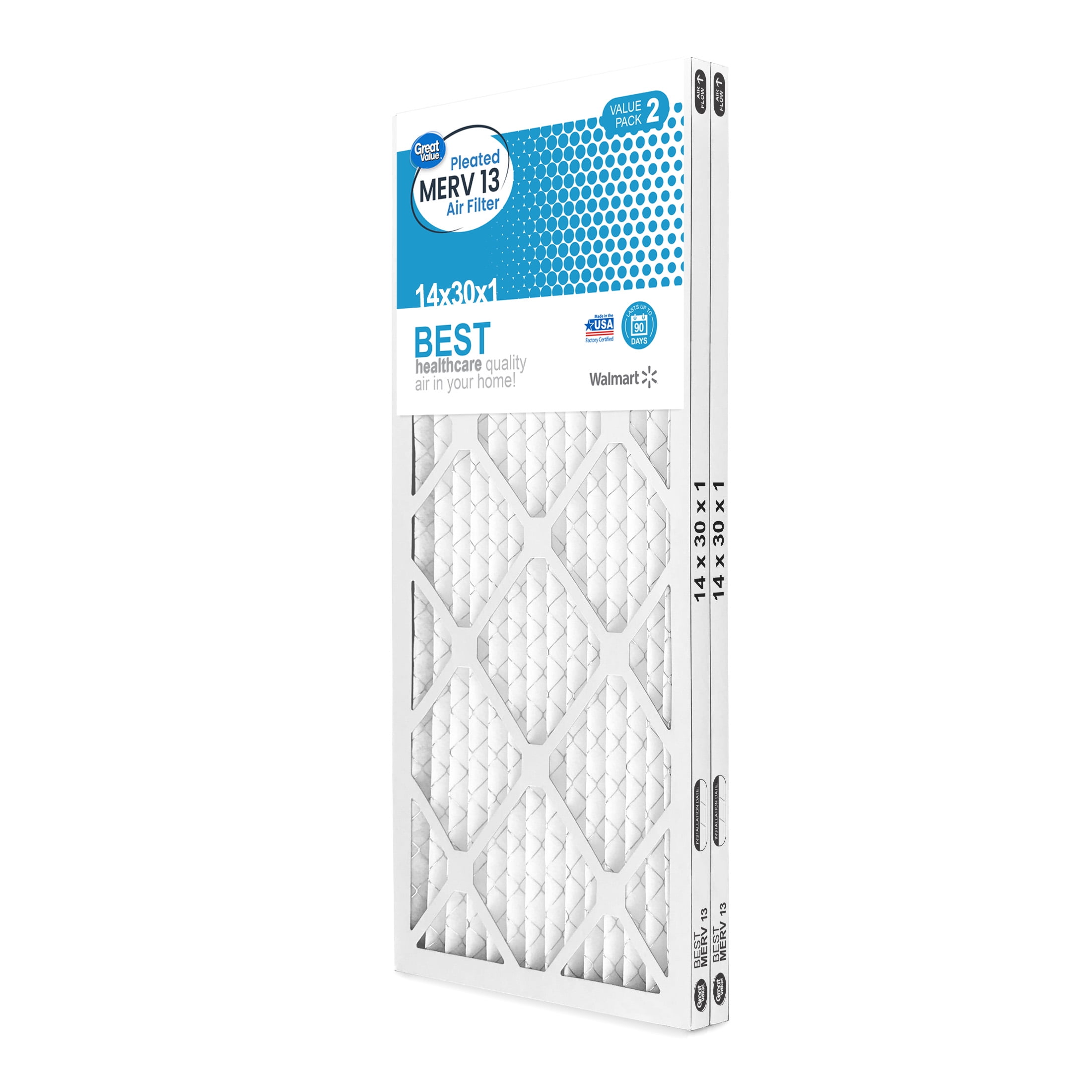 Great Value MERV 13 BEST 14x30x1 Furnace Filters, Pleated, Electrostatic Media (2 count)