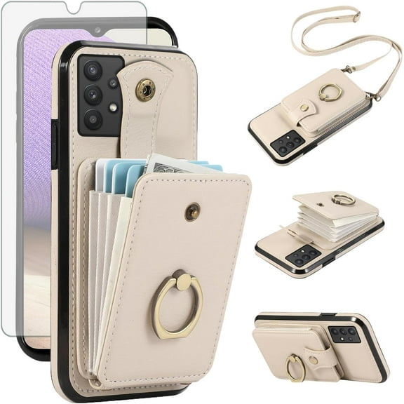 REQO Phone Case for Samsung Galaxy A32 5G 2021 6.5 inch Wallet Cell Cover with Screen Protector Crossbody Strap Ring Stand RFID Credit Card Holder M32 G5 A 32 32A S32 SM-A326U A326U Women Girls Beige