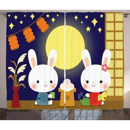 Anime Curtains 2 Panels Set Little Bunnies Enjoying Tsukimi Japan