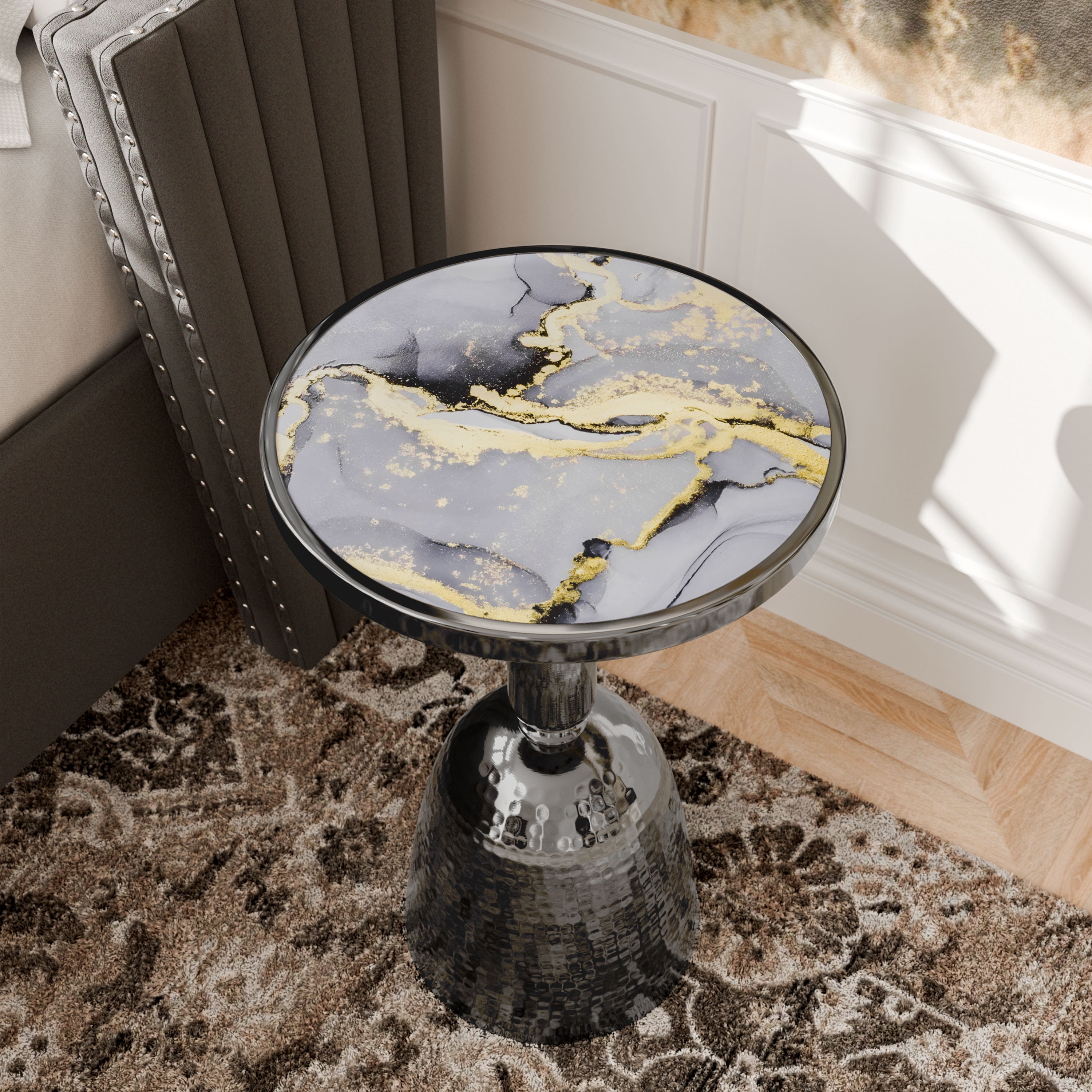Furniture of America Grivan Modern Metal Accent Side Table with Round Tabletop, Living Room End Table, Black with Faux Marble