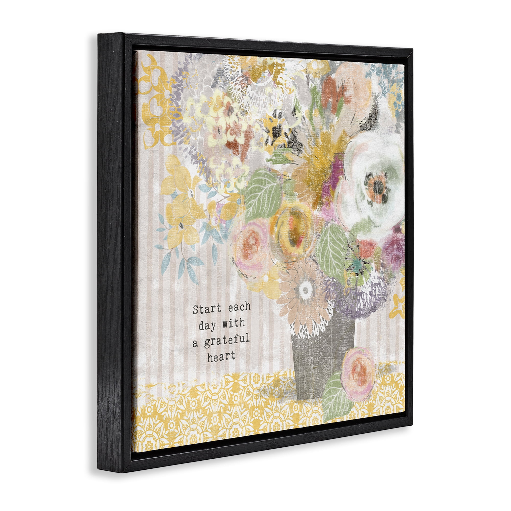 Stupell Industries Floral Inspirations Grateful Heart Black Framed Floater Canvas Wall Art, design by Suzanne Nicoll