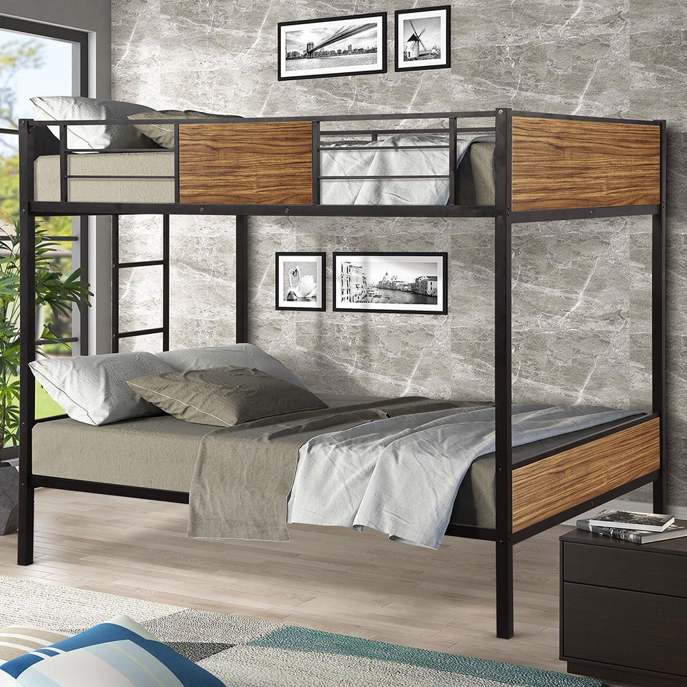 Full-Over-Full Bunk Beds with Safety Rails, Built-in Ladder for Bedroom, Dorm, Boys, Girls, Adults, Brown