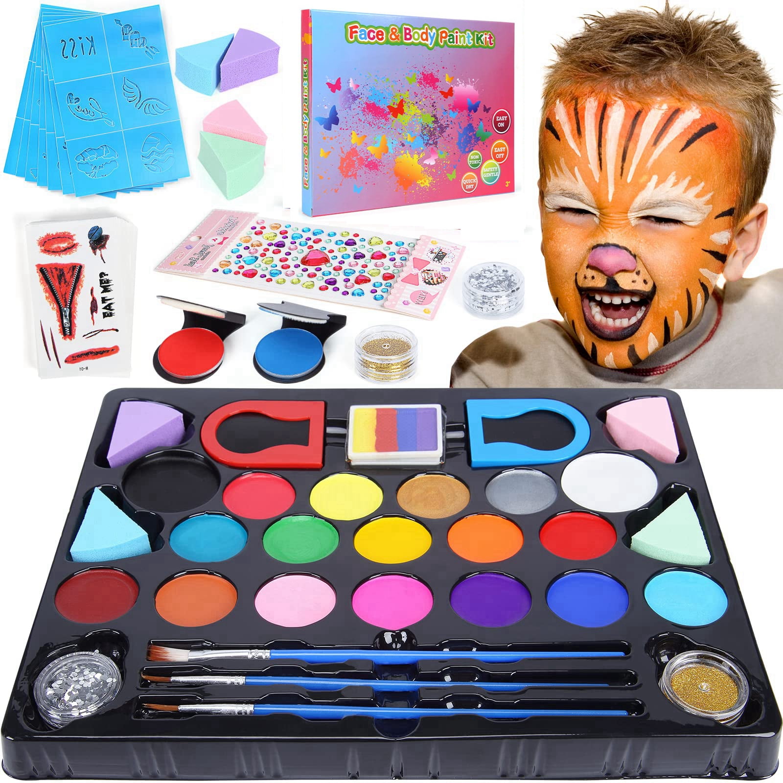 Sakiyrr Face Painting Kit for Kids with 18 Colors, Safe and NonToxic Water Based Face Paint