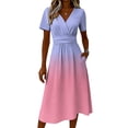 thumbnail image 5 of Laqbezok Gradient Ombre Short Sleeve Midi Dress, Elegant Ruched High Waist Slimming Summer Dress, Casual V-Neck A-Line Flare Fashion Outfit, Vibrant Sun Dress, 5 of 6