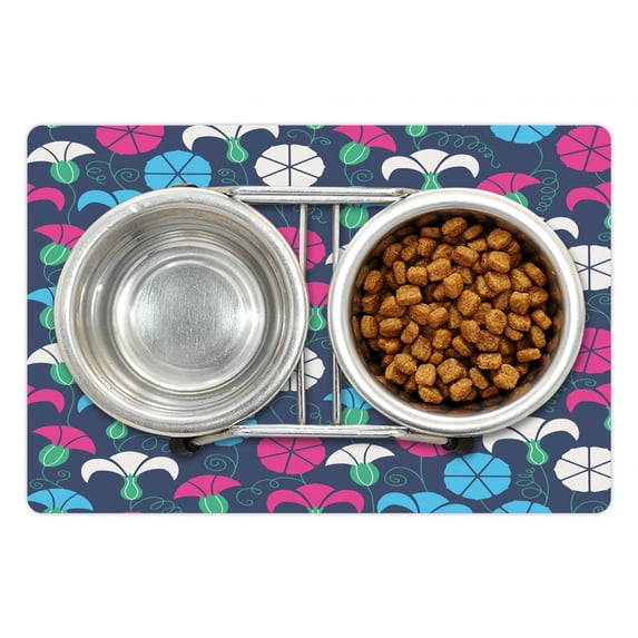 Flower Pet Mat for Food and Water, Colorful Silhouettes of Bindweed with Ornate Swirls and Curls on a Dark Background, Non-Slip Rubber Mat for Dogs and Cats, 18" X 12", by Ambesonne