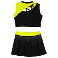 thumbnail image 4 of Lejafay Kids Girls Rhinestones Cheerleading Dance Outfit Cheer Leader Tops with Mini Skirt Carnival Party Fluorescent Yellow 10, 4 of 5