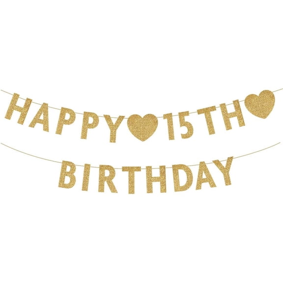 Gold Happy 15th Birthday Banner, Glitter 15 Years Old Boy or Girl Party Decorations, Supplies