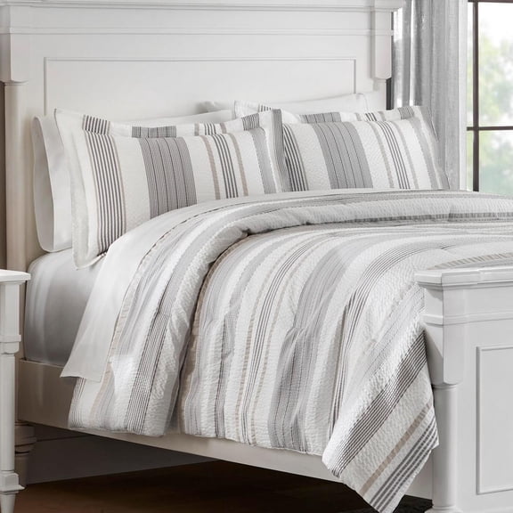 Arden 3-Piece White and Gray Textured Stripe King Comforter Set